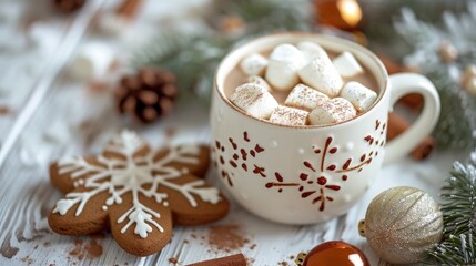 Fototapeta na wymiar A warm cup of hot chocolate with fluffy marshmallows and delicious cookies. Perfect for cozy winter evenings or indulgent treats.