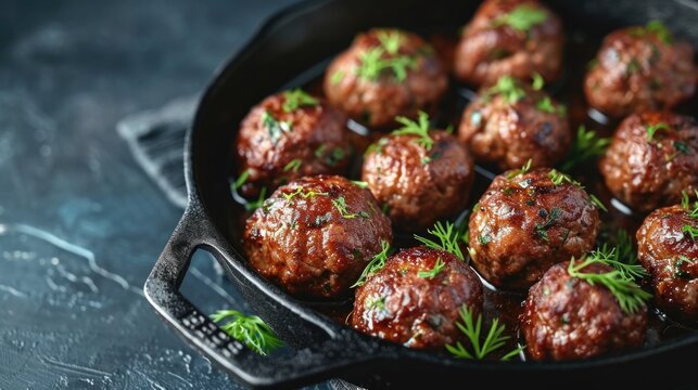 A skillet filled with meatballs covered in sauce. Perfect for Italian recipes or comfort food dishes