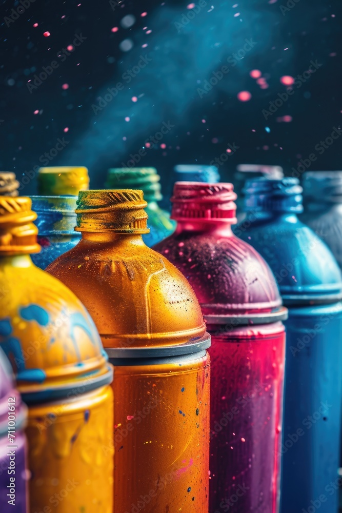 Poster a row of colorful water bottles placed next to each other. suitable for various uses