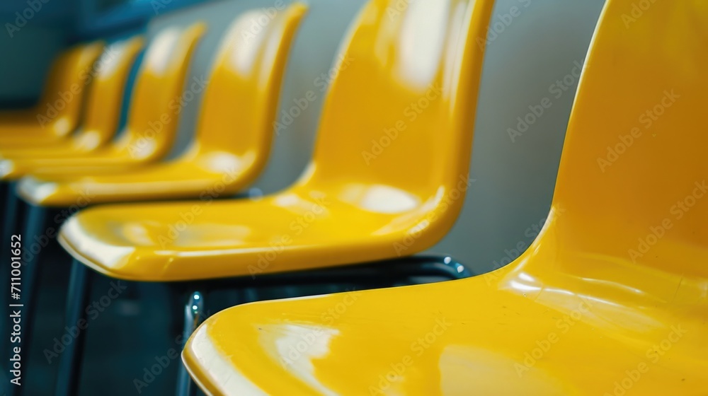 Poster A row of yellow chairs lined up next to each other. Perfect for adding a pop of color to any space