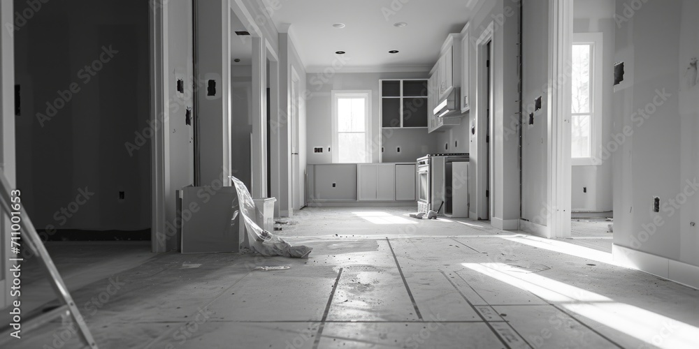Poster An empty room captured in a black and white photograph. This versatile image can be used for various design projects