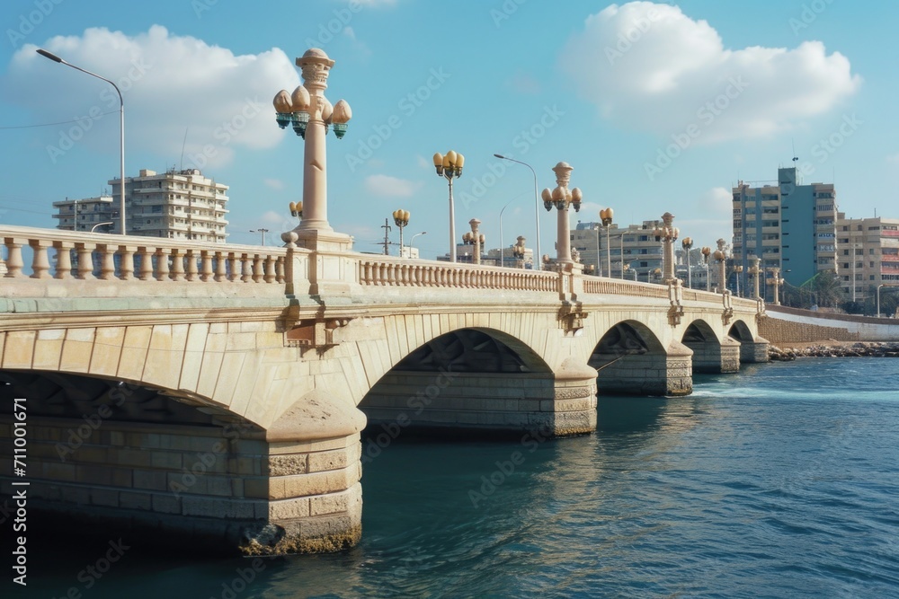 Poster a picturesque bridge spanning a body of water with buildings in the background. suitable for various