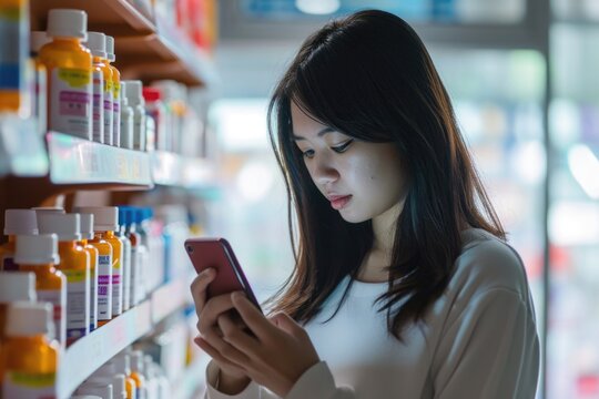 A woman is seen looking at her cell phone while inside a pharmacy store. This image can be used to depict modern technology usage in retail environments