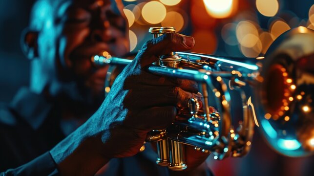 A man playing a trumpet in a dark room. This image can be used to depict a musician practicing or performing in a dimly lit space