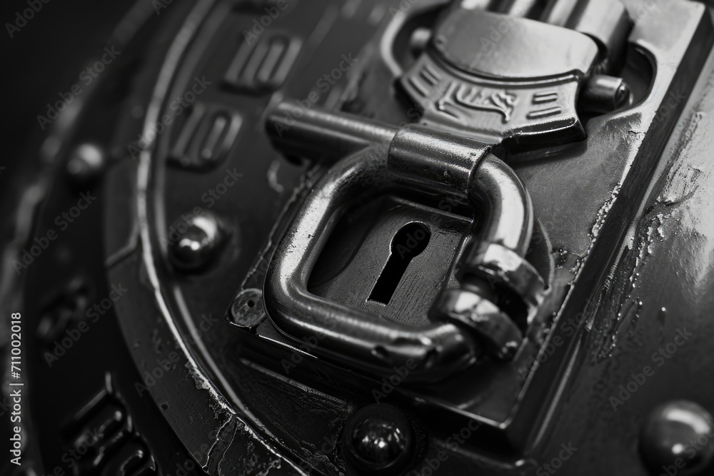 Aufkleber A close-up view of a lock on a metal object. This image can be used to represent security, protection, or the concept of locking something up