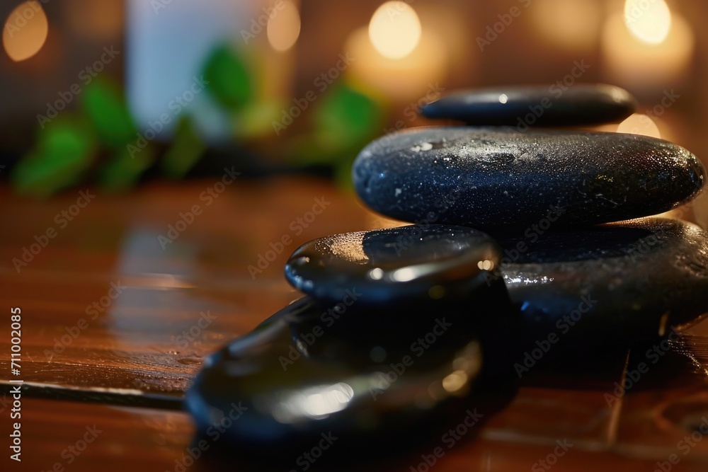 Poster a pile of black rocks sitting on top of a wooden table. this image can be used for various purposes