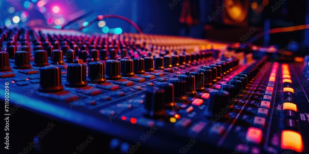 Aufkleber A detailed close-up of a sound board in a recording studio. Perfect for illustrating the technical aspect of audio production.