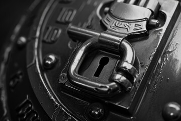 A close-up view of a lock on a metal object. This image can be used to represent security, protection, or the concept of locking something up