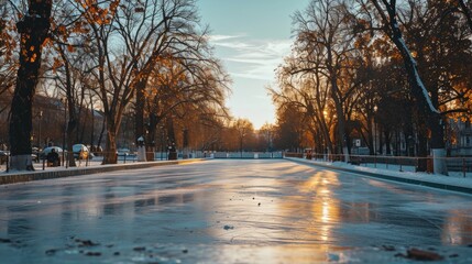 A picture of a wet road with trees in the background. This image can be used to depict a rainy day or a serene natural landscape