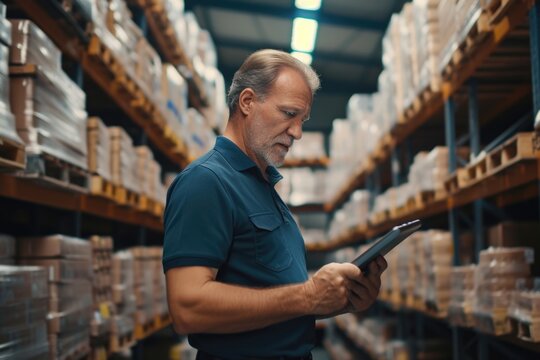 A man is seen in a warehouse, focused on his tablet. This image can be used to depict technology in industrial settings or for illustrating a worker using digital tools