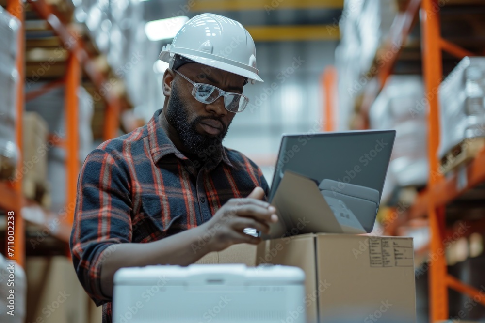 Poster A man wearing a hard hat and glasses is seen working on a laptop. This image can be used to depict a professional working in a construction or engineering setting