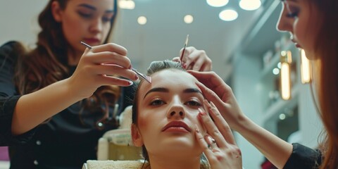 A woman is pictured getting her hair done at a salon. This image can be used to showcase hairstyling services and the experience of getting pampered at a salon - obrazy, fototapety, plakaty