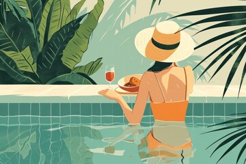 a swimming holiday illustration with an attractive woman in a hat lounging in the pool