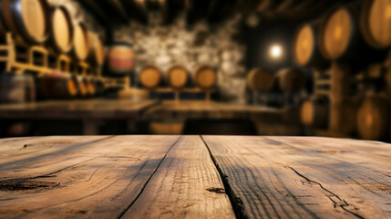 Empty wooden table and stage bar with bokeh lights. Wine Cellar. Wooden wine barrels. high quality photo