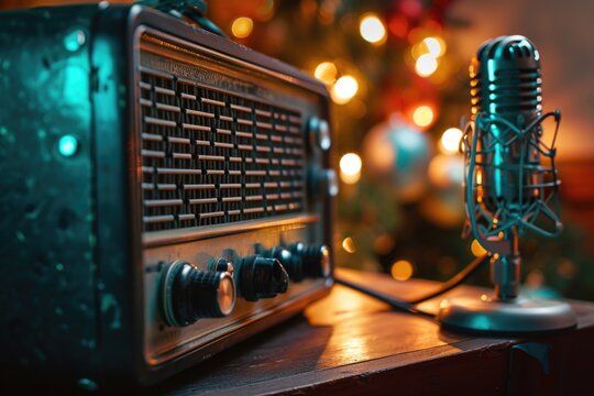 An old fashioned radio placed on a wooden table. Perfect for adding a touch of nostalgia to your designs