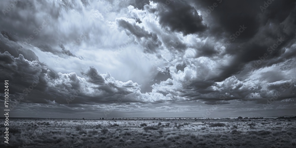 Poster a black and white photo capturing the beauty of a cloudy sky. perfect for adding a dramatic touch to