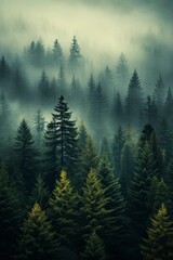 Generative AI image of the land of pine trees, rain forest, mist, autumn fog, white spruce