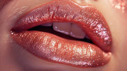 Close up shot of lips with a sparkling glitter application. Perfect for adding a touch of glamour and sparkle to any project