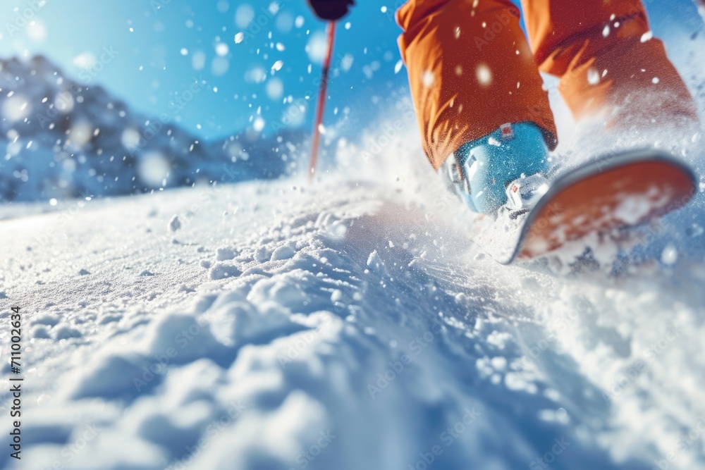 Poster A person riding skis down a snow covered slope. Perfect for winter sports and outdoor activities