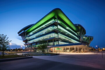 Fototapeta na wymiar Futuristic Green-Lit Office Building at Dusk