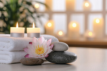 Fototapeta na wymiar Candles and lotus flowers White towel lying on the table, set for relaxation, spa salon
