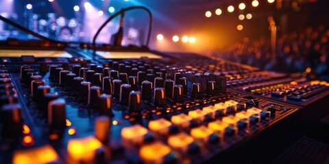 A close up shot of a sound board with vibrant lights in the background. Perfect for music events and concert-themed designs