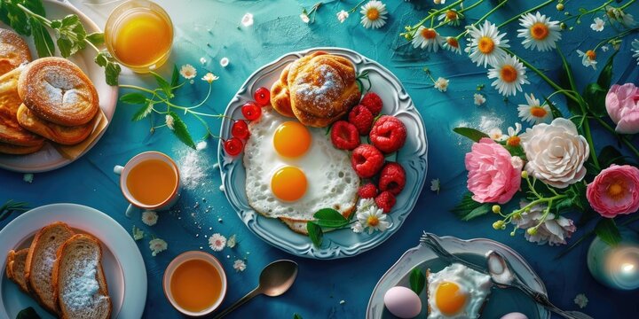 A table adorned with plates of delicious food and beautiful flowers. Perfect for use in food blogs, restaurant menus, or event planning