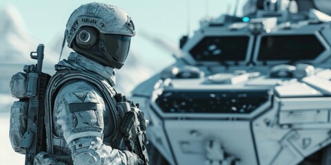 A soldier dressed in camouflage stands in front of a military vehicle. This image can be used to depict military operations or showcase the strength and determination of armed forces personnel