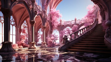 Pink fantasy castle with cherry blossom trees - obrazy, fototapety, plakaty
