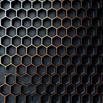 Generative AI image of thin white beveled honeycomb simple pattern on black background, grid-based © Eitan Baron
