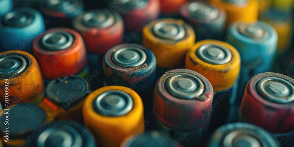 Poster A close up view of many different colored batteries. This versatile image can be used to illustrate power, energy, technology, or sustainability concepts