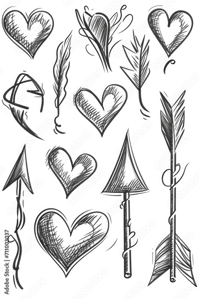 Poster a collection of hand-drawn hearts and arrows. perfect for adding a touch of love and romance to your