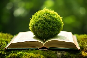 Moss covered book in the middle of a lush green forest