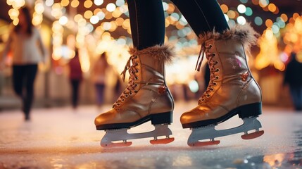 Close up of woman's ice skates on an ice rink