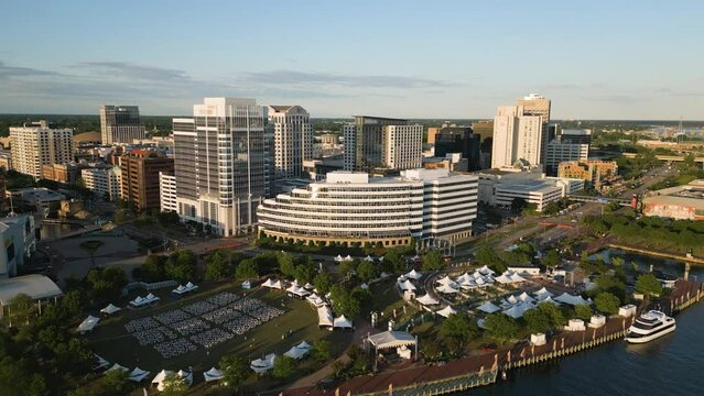 Norfolk, Virginia, USA downtown cityscape over the Elizabeth River
