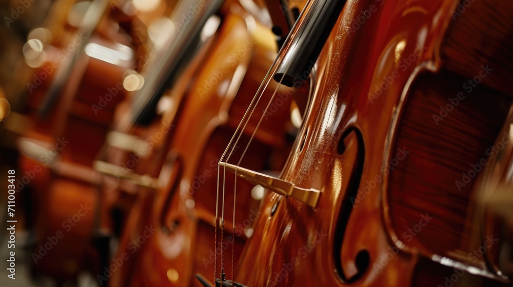 Poster Close up view of the strings on a violin. Perfect for music-related projects or to add a touch of elegance to any design