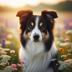 Fototapeta premium Border collie in blossoming meadow at sunset