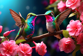 Gorgeous, vibrant hummingbird holding a bunch of pink flowers. Ai generated.