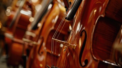Close up view of the strings on a violin. Perfect for music-related projects or to add a touch of...