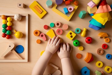 Generative AI image of Toddler activity for motor and sensory development. Baby hands with colorful wooden toys on table from above.