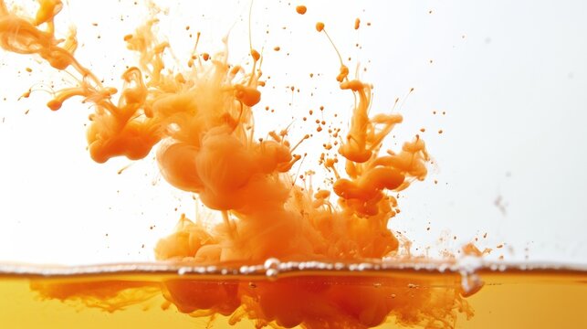 A detailed view of an orange substance floating in water. This image can be used to depict concepts related to science experiments, chemical reactions, or abstract art