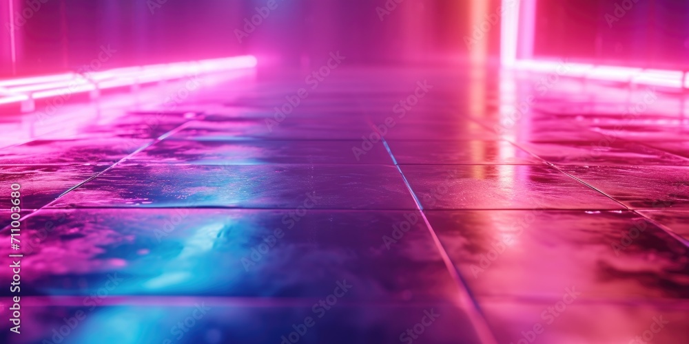 Poster A vibrant tiled floor with neon lights in the background. Perfect for adding a modern touch to any design project