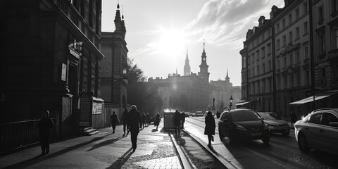 A black and white photo of a city street. Suitable for urban-themed projects