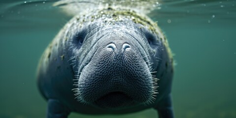 A detailed close-up image of a manatee swimming in the water. Suitable for aquatic and marine life themes