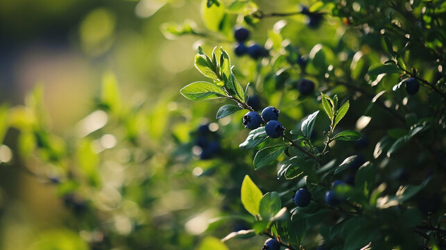 Blueberries ripening on a tree branch. Generative Ai