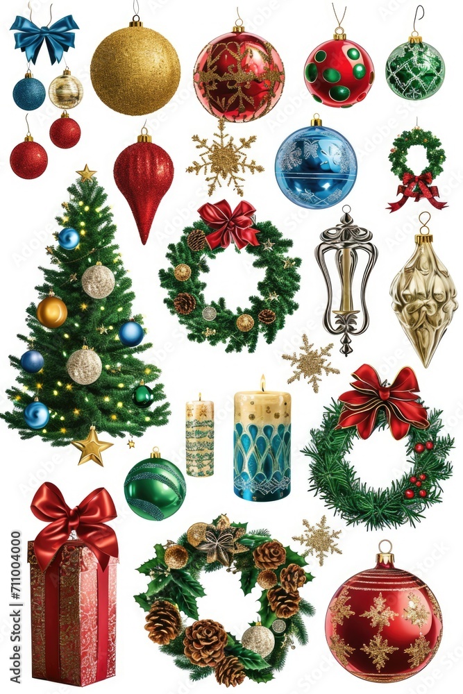 Poster a collection of various christmas ornaments displayed on a white background. perfect for adding fest