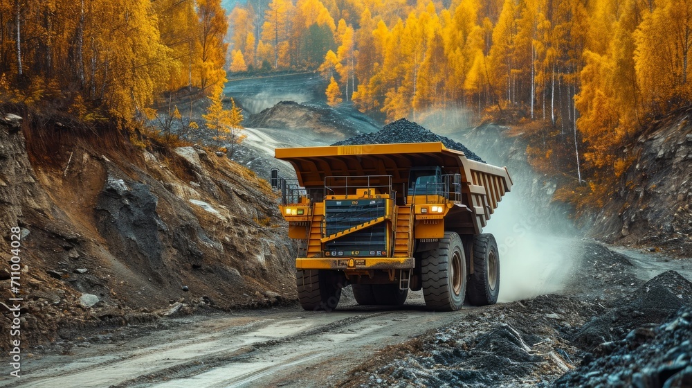 Wall mural large quarry dump truck. dump truck carrying coal, sand and rock. trucks moving on dirt country road - Wall murals