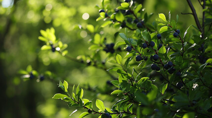 Blueberries ripening on a tree branch. Generative Ai - obrazy, fototapety, plakaty