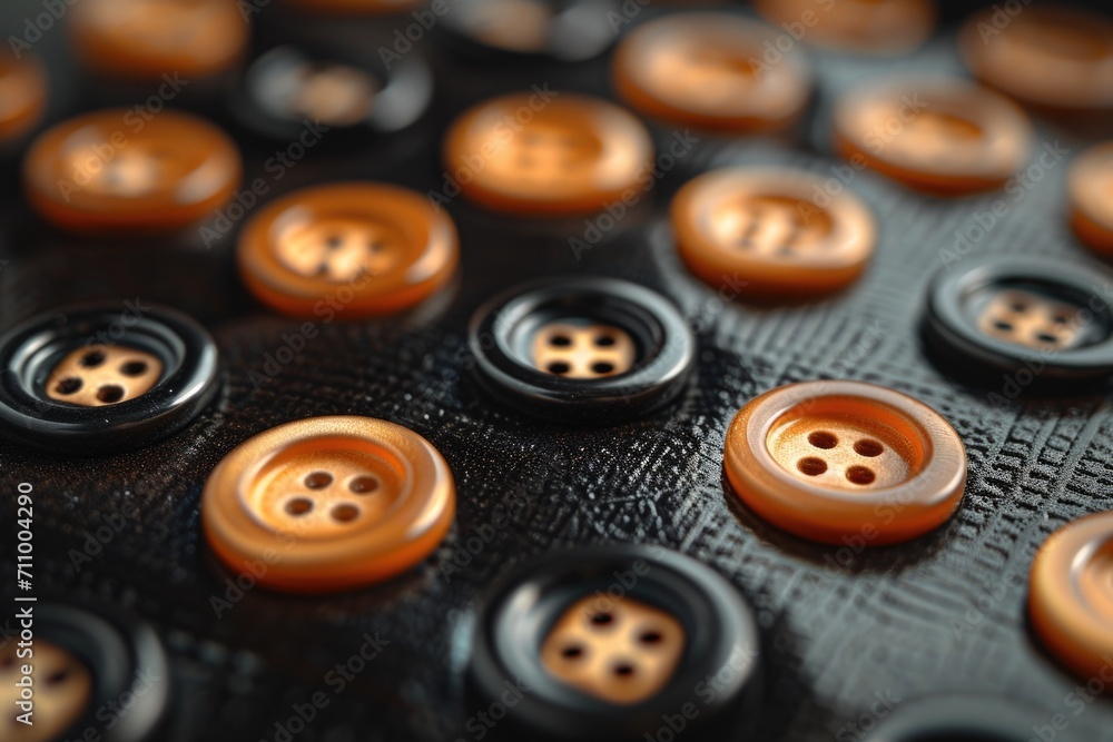 Poster A collection of orange and black buttons on a black surface. Suitable for various design projects