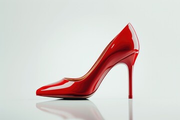 A vibrant red high heeled shoe placed on a clean white surface. This image can be used for fashion, footwear, or lifestyle related projects